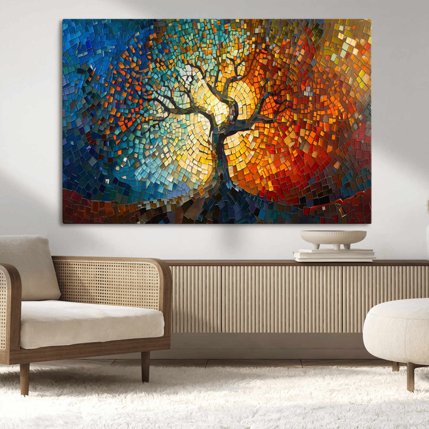 MGV-CV-36X24 - Mosaic Tree Canvas Wall Art Canvas Print – Vibrant Stained Glass-Inspired Tree of Life - Ready to