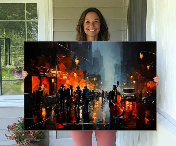 Framed Abstract Music Canvas: Jazz musicians on a rainy city street at night, with warm lights reflecting on wet pavement.