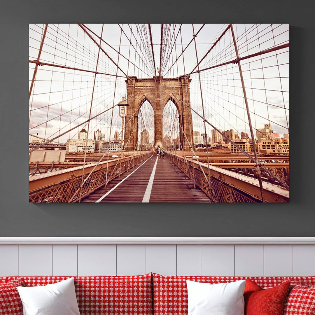 The three-panel "Wall Art New York Manhattan Cityscape Canvas Print" of the Brooklyn Bridge makes an ideal addition to minimalist interiors, capturing the essence of abstract expressionism.