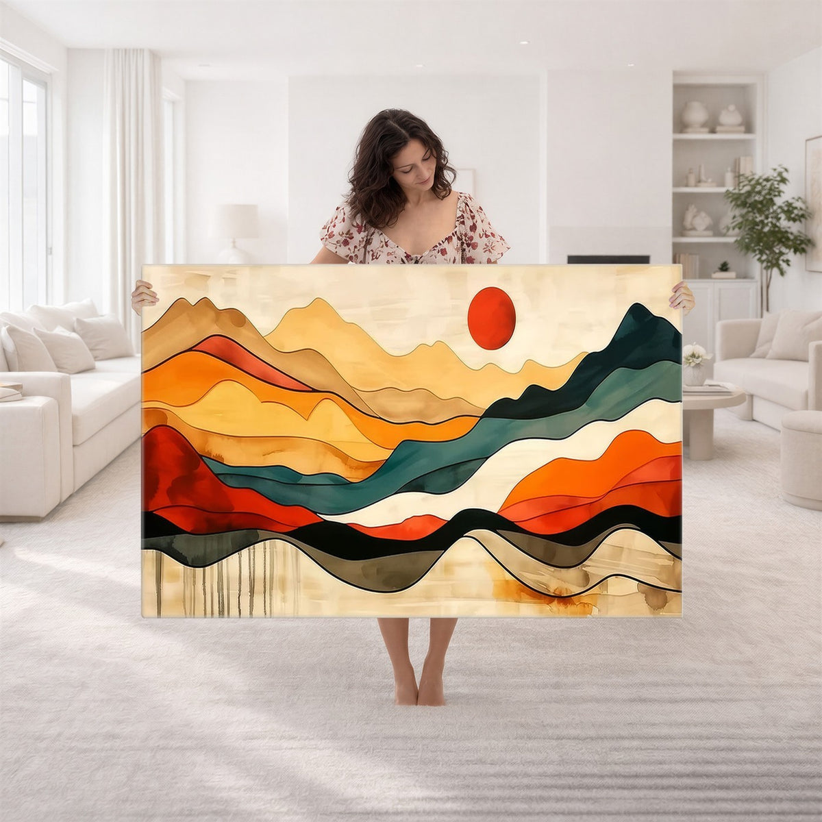23241-MGV-CV-24X16 - Mid Century Wall Art Print, Abstract Woodland Mountain Print, Panoramic Modern Art