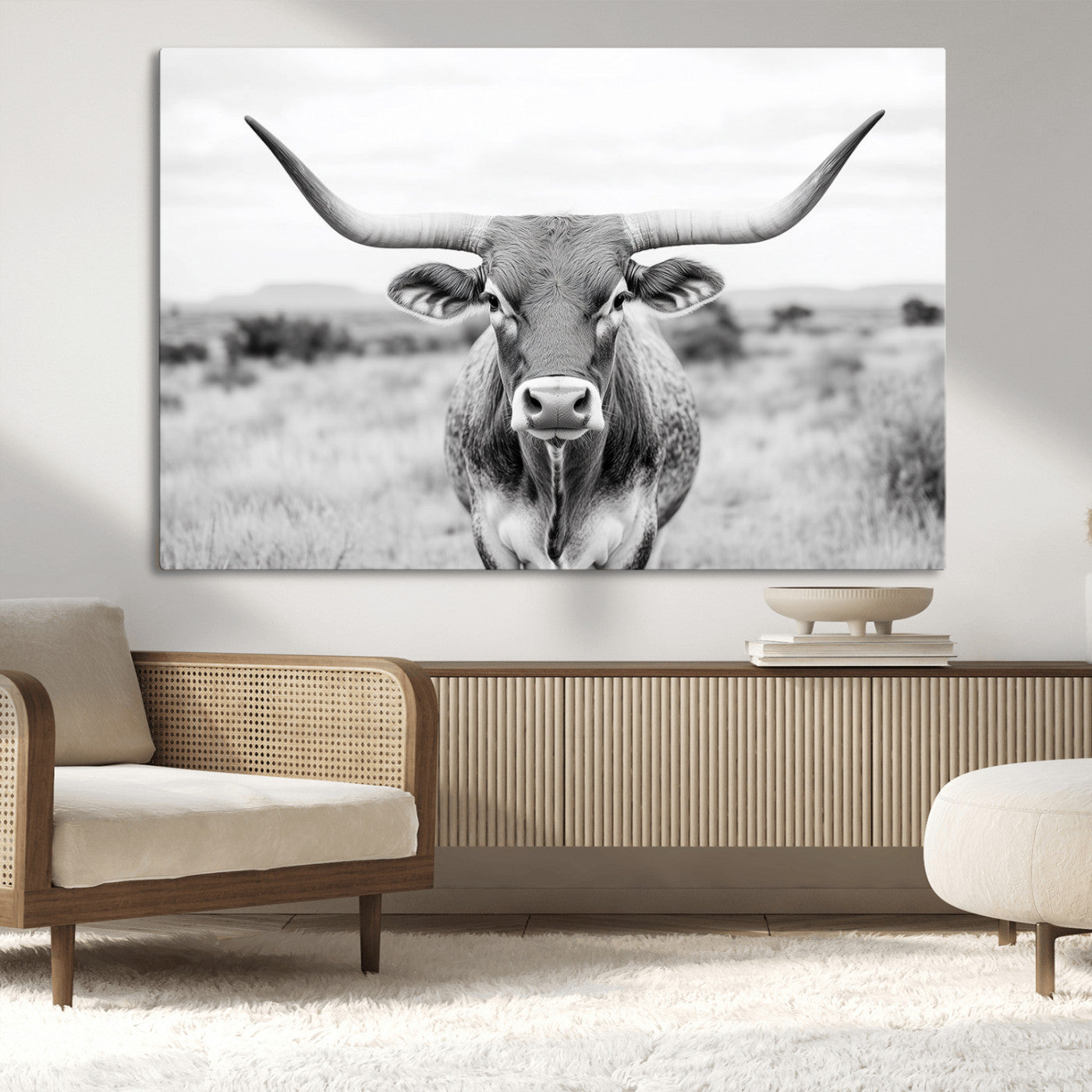 MGV-CV-36X24 - Highland Cow Wall Art Print - Black and White Texas Western Longhorn Canvas - Farmhouse Decor Print