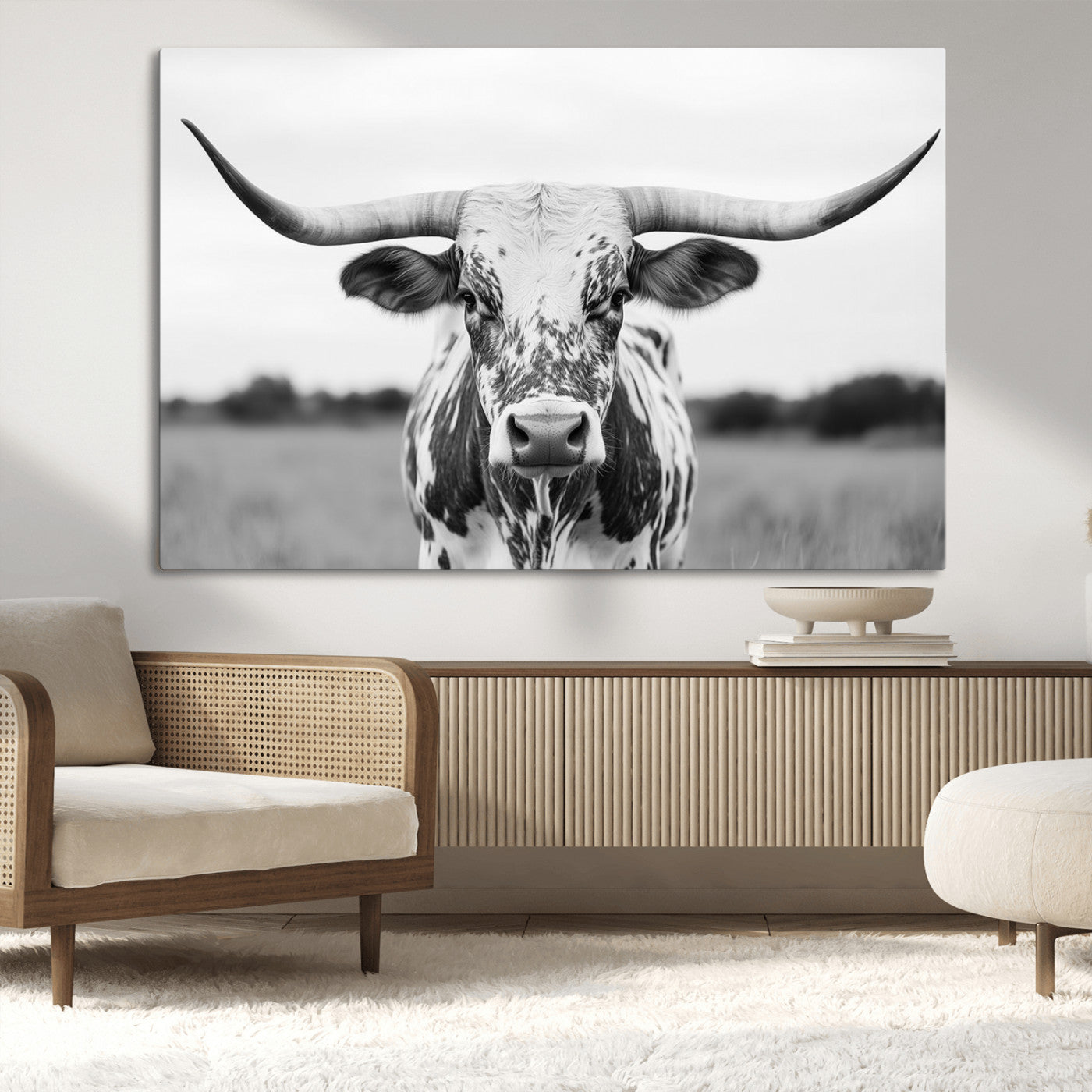 MGV-CV-36X24 - Highland Cow Wall Art - Black and White Western Longhorn Canvas Print - Farmhouse Living Room Decor