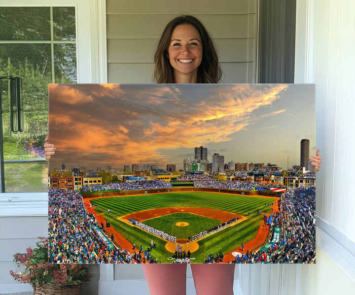 Aerial view of Wrigley Field at sunset against a vibrant sky, creating the perfect Chicago Wrigley Field Canvas Wall Art.