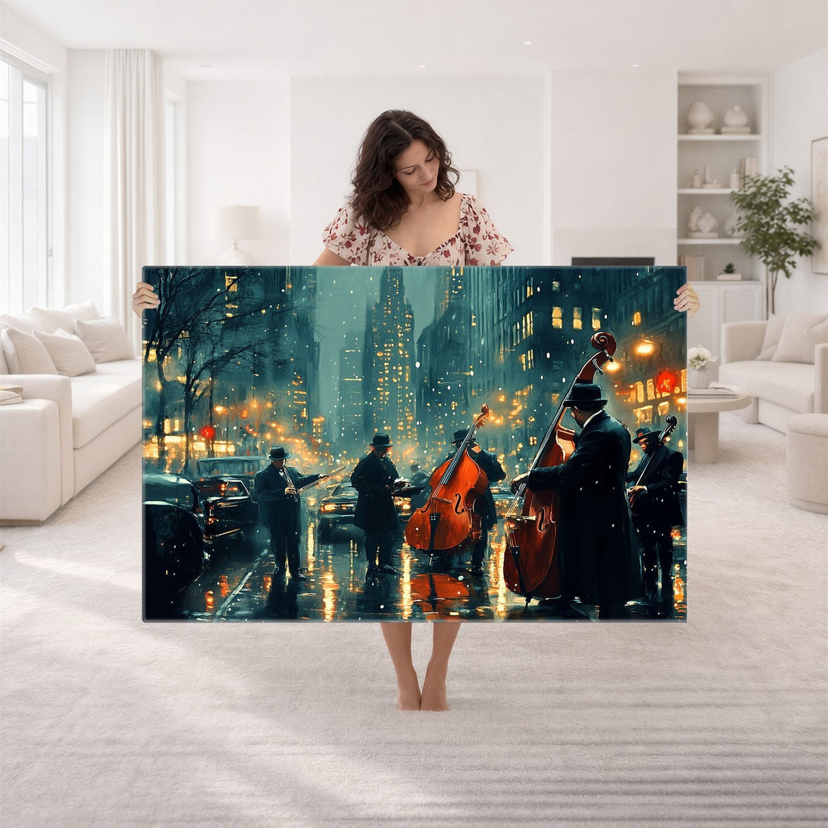 53391-MGV-CV-24X16 - Urban Night Jazz Wall Art Canvas Print | Moody Rain Soaked City Street Band Scene