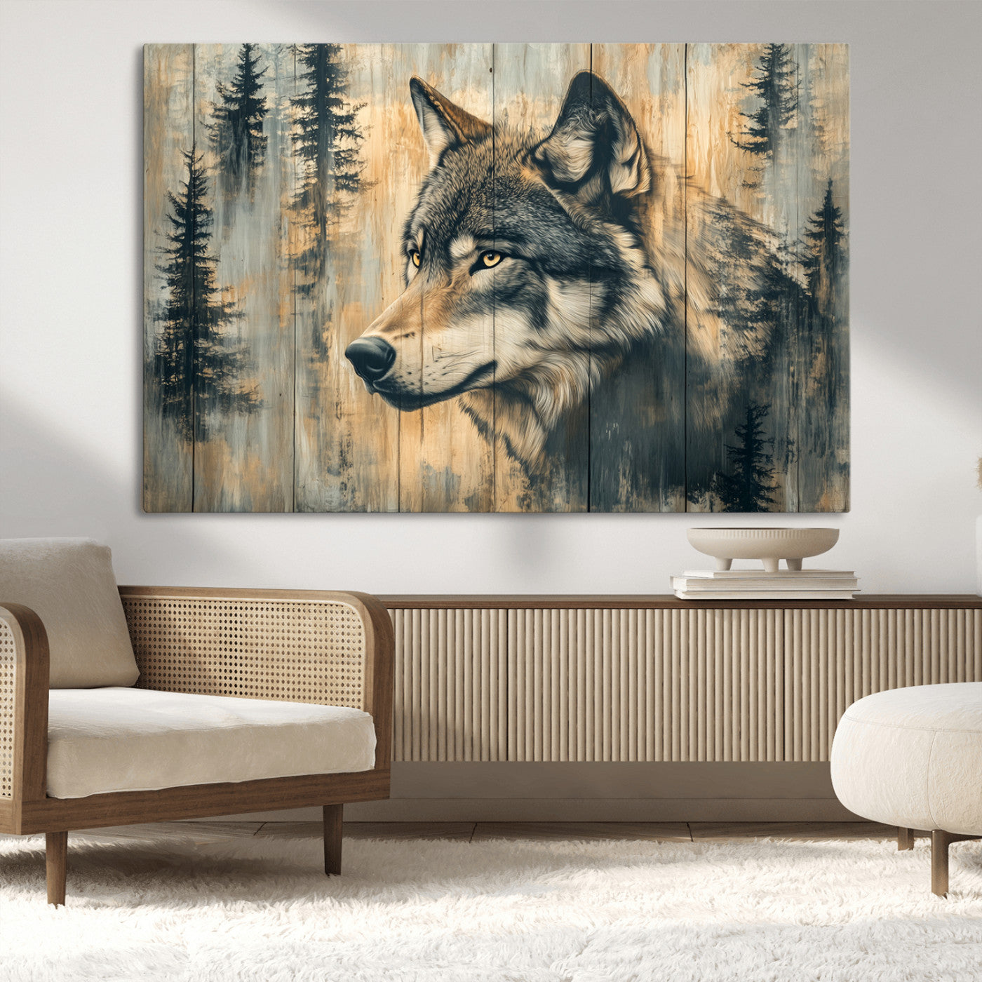 MGV-CV-36X24 - Wood Style Rustic Wolf Wall Art Canvas Print, Vintage Woodland Wolf Wall Art, Framed Wood Style Wolf