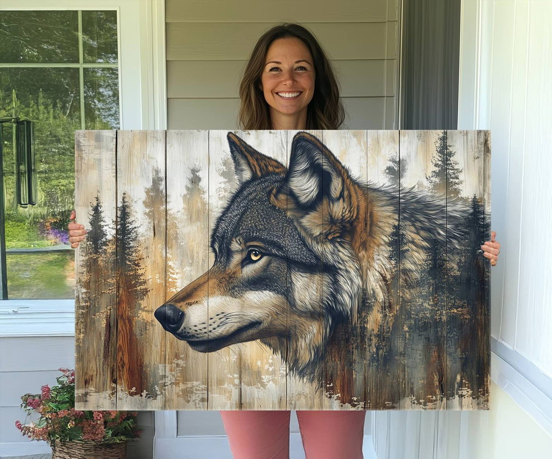 A kitchen dining area features Rustic Wolf Wall Art.