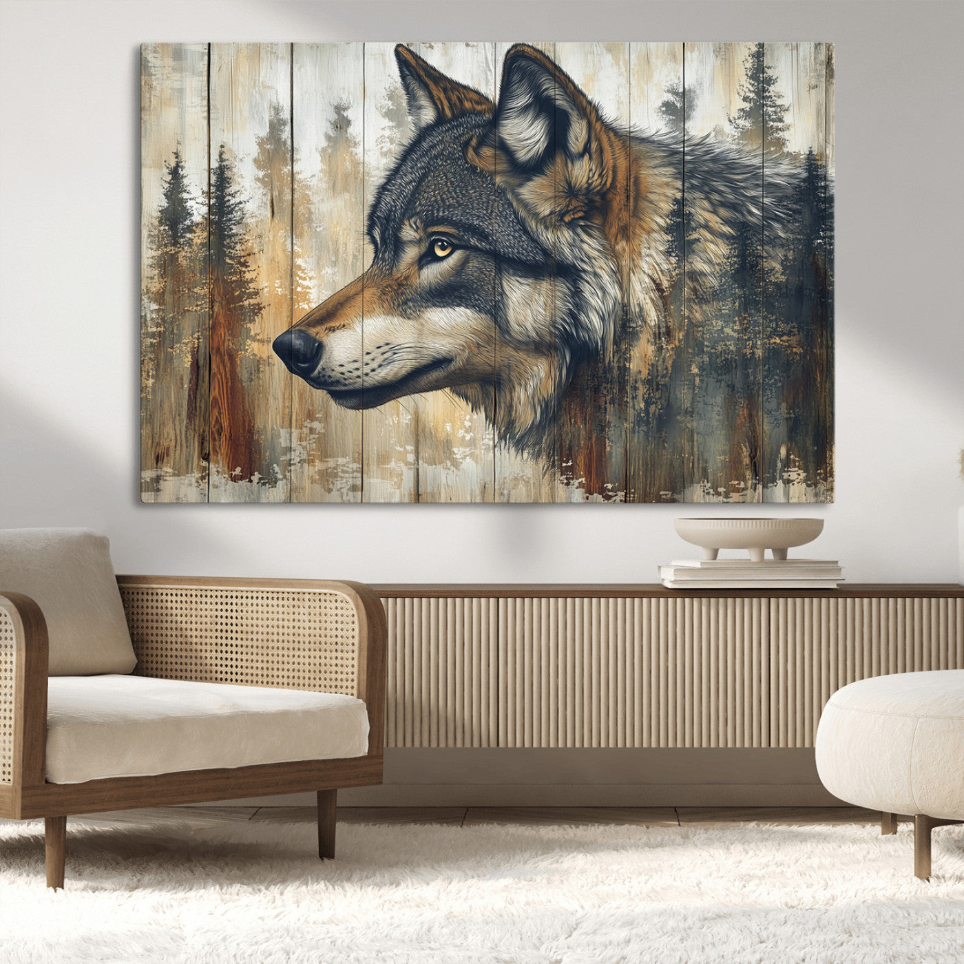MGV-CV-36X24 - Rustic Wolf Wall Art Canvas Print, Vintage Woodland Wolf Wall Art