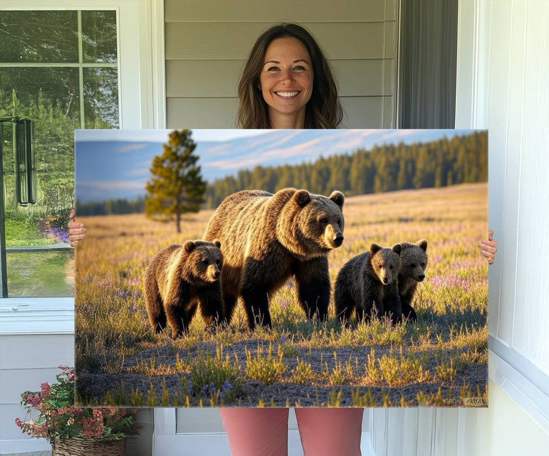 The Grizzly 399 in Wild Flowers wall art canvas print.