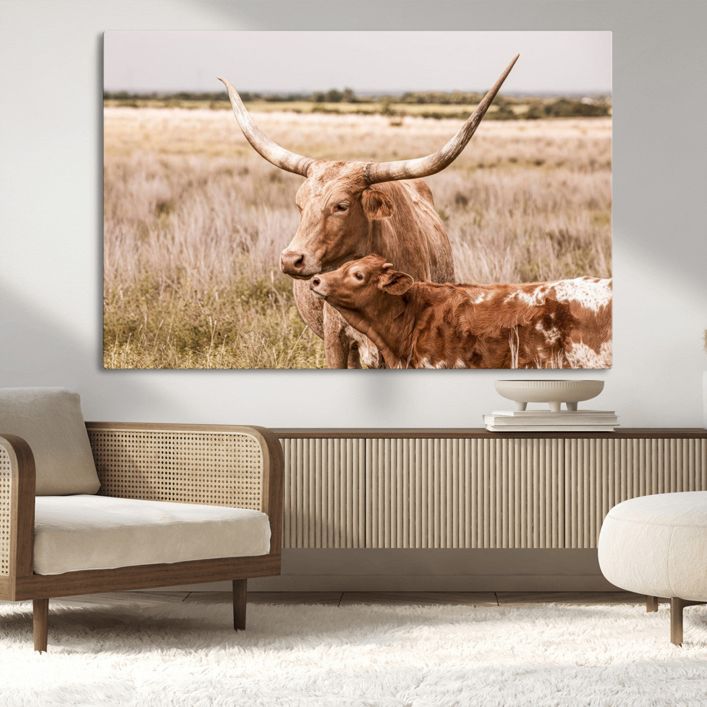 MGV-CV-36X24 - Texas Longhorn Cow Wall Art Canvas Print for Farmhouse Wall Art, Texas Decor, Western Wall Art Print