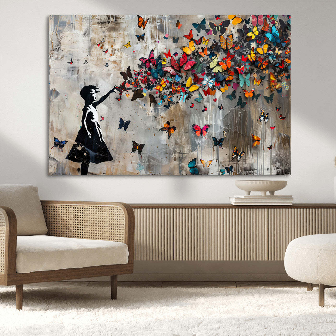 MGV-CV-36X24 - Banksy Butterfly Girl Wall Art | 3-Piece Butterfly Girl Canvas