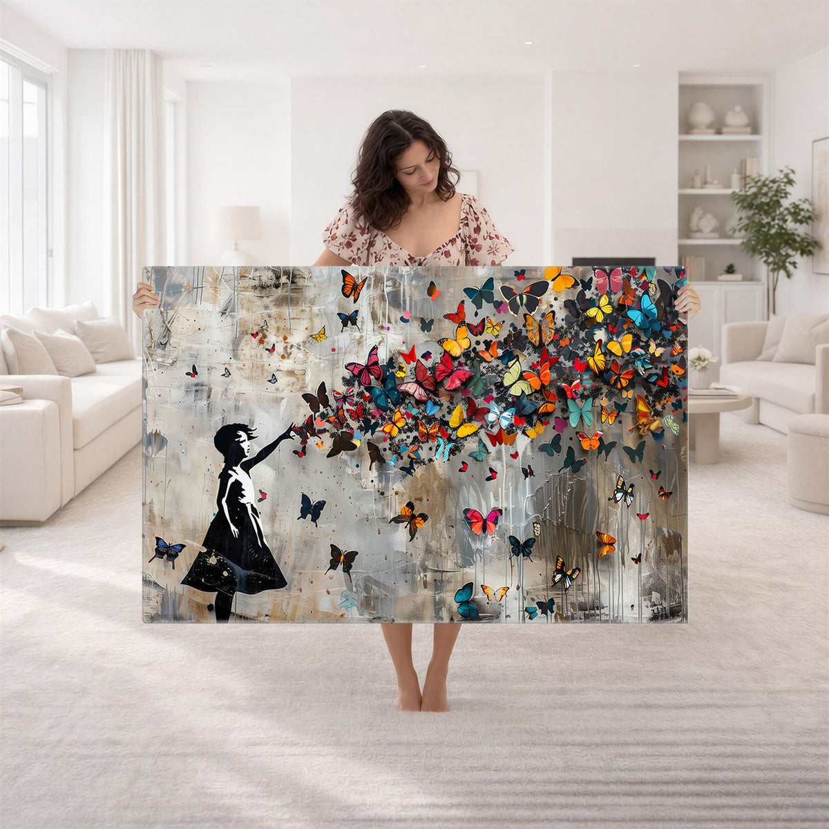 51446D-MGV-CV-24X16 - Banksy Butterfly Girl Wall Art | Modern Graffiti Canvas Print, Street Art Decor