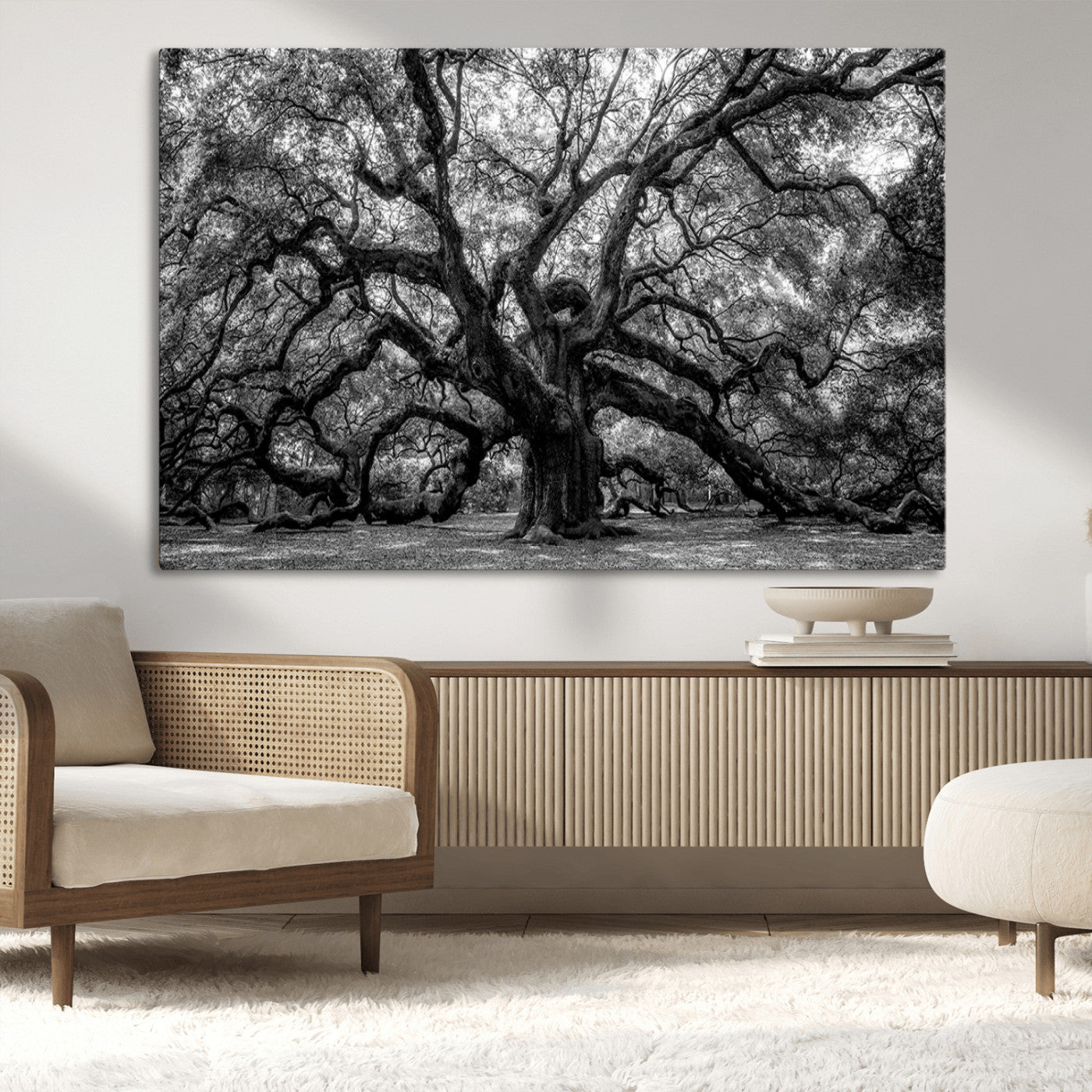 MGV-CV-36X24 - Black and White Old Angel Oak Tree Wall Art Canvas Print