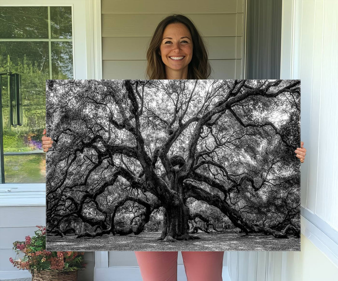 The Black and White Old Angel Oak Tree Canvas Print enhances the modern dining room.