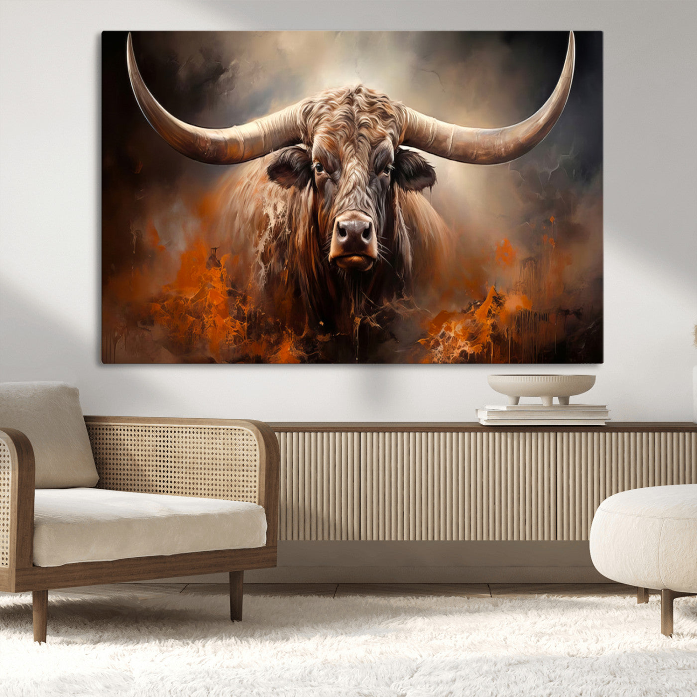 MGV-CV-36X24 - Highland Bull Canvas Abstract Canvas Wall Art Print – Powerful Highland Bull with Striking Horns in