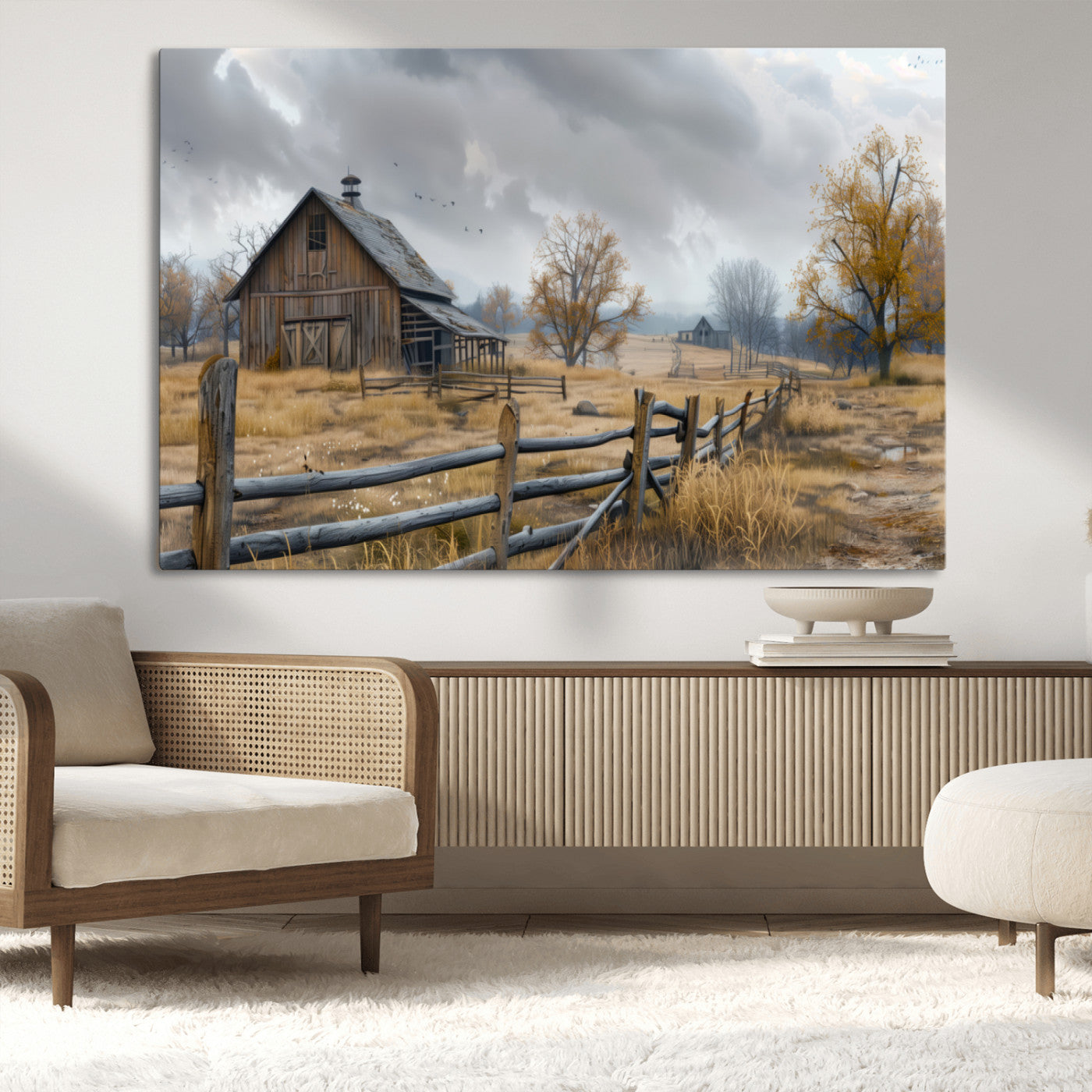 MGV-CV-36X24 - Rustic Autumn Farmhouse Wall Art Canvas Print – Serene Countryside Scene with Weathered Barn and