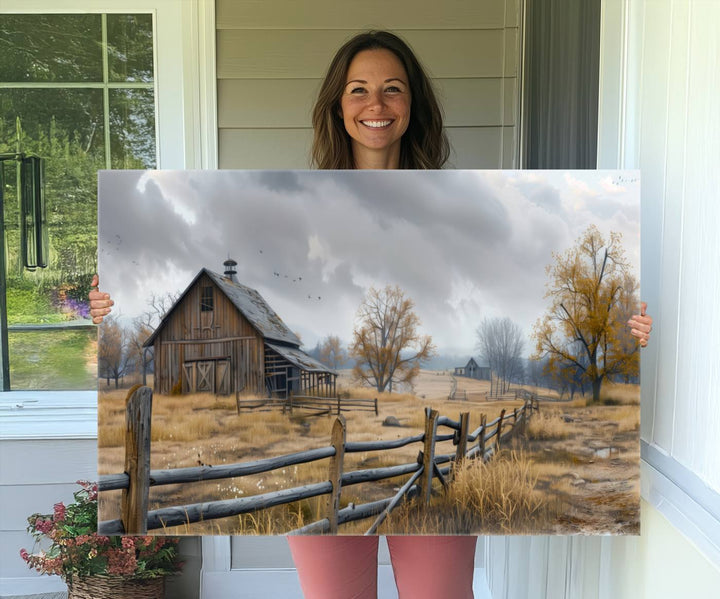 Rustic Autumn Farmhouse Wall Art – Weathered Barn & Trees Canvas Print, featuring a serene scene with birds in the sky. This piece is ready to hang.