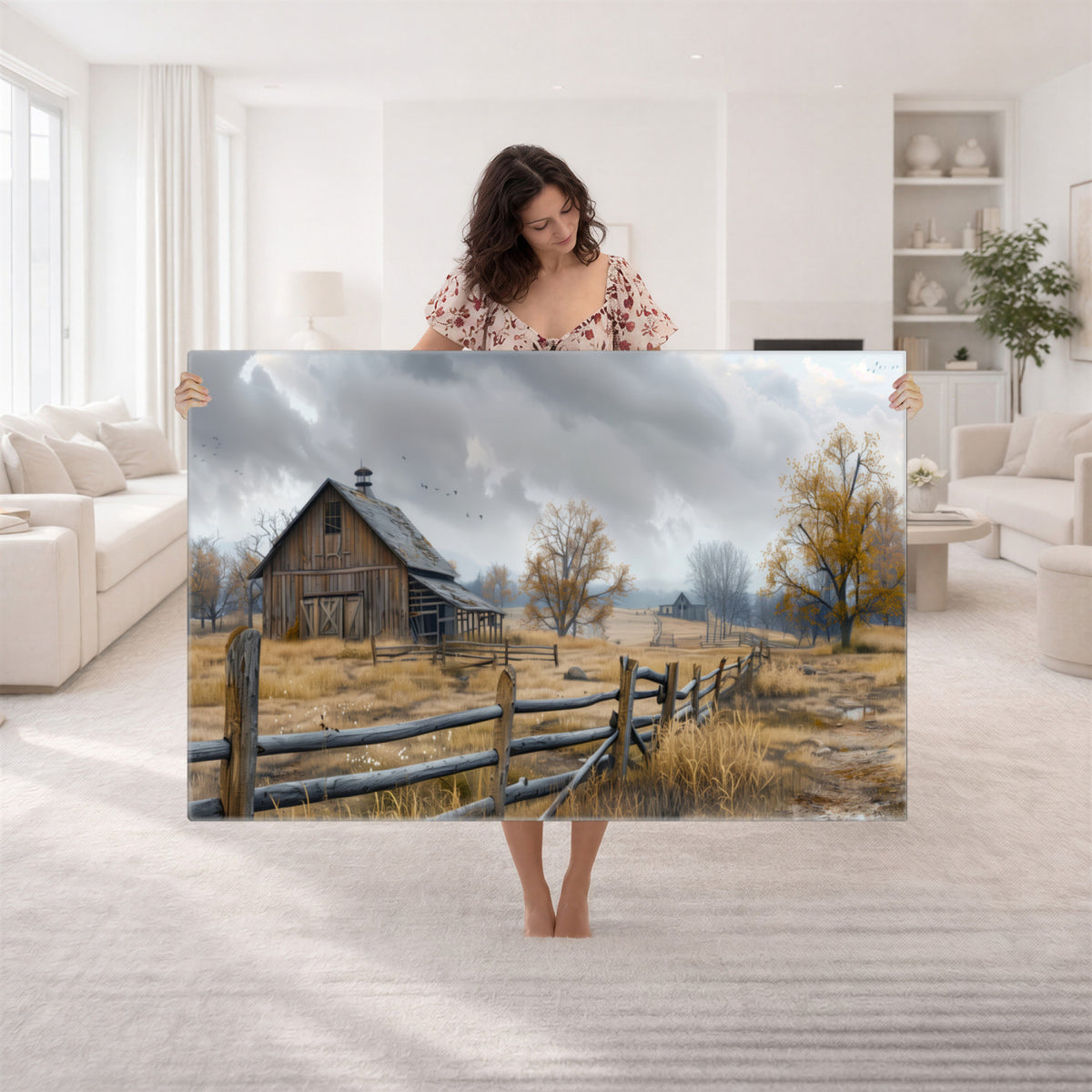 Farm1-MGV-CV-36X24 - Rustic Autumn Farmhouse Wall Art Canvas Print | Serene Countryside with Weathered Barn