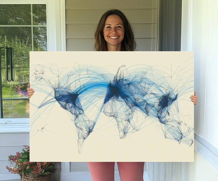 Flight Routes Map: Air Traffic Avi World Map featuring blue lines symbolizing global data. Ideal for home decor and ready to hang.