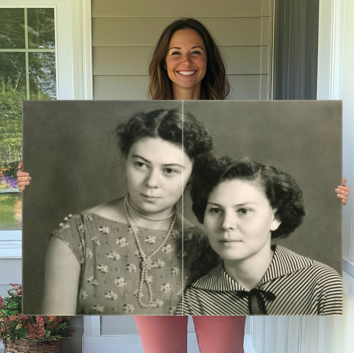 A high-quality canvas from our Low-Resolution Photo Restoration service features two women in vintage dress posing closely.