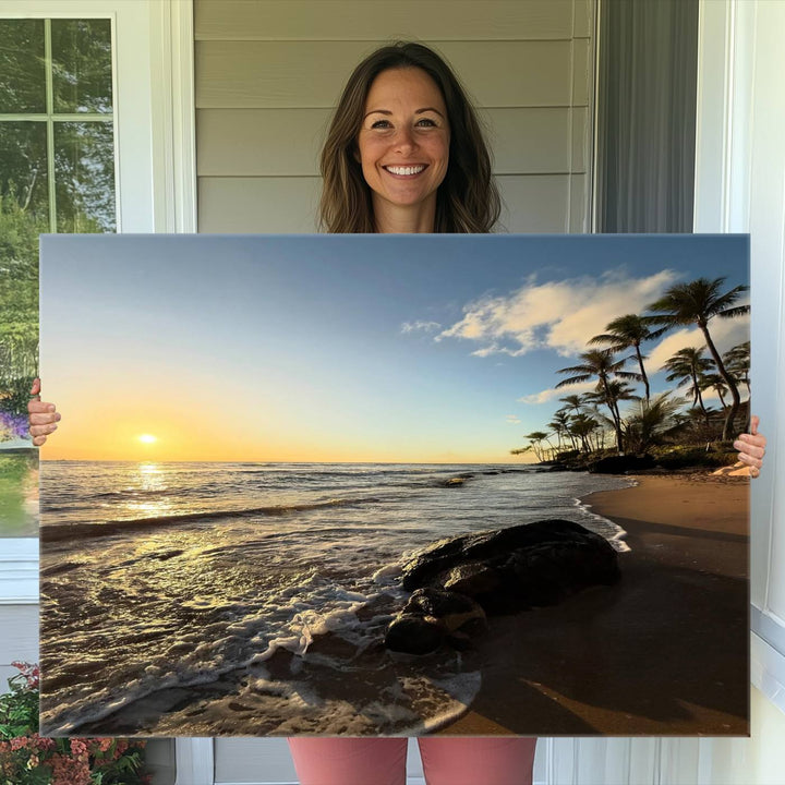 A serene tropical sunset on canvas, featuring palms and waves, serves as perfect Tropical Beach Wall Art for home or office decor.