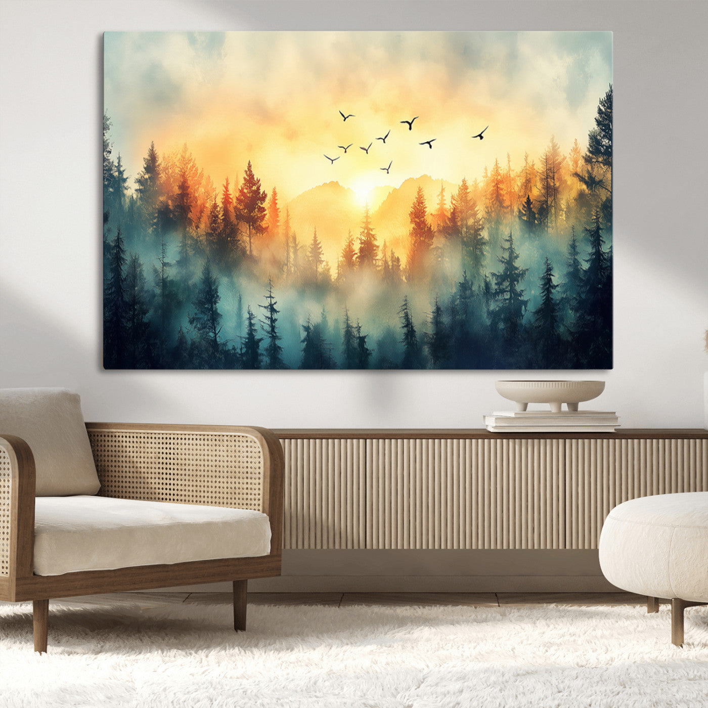 MGV-CV-36X24 - Abstract Forest Wall Art Print- Serene Nature Canvas Print with Misty Forest Design for Modern Home