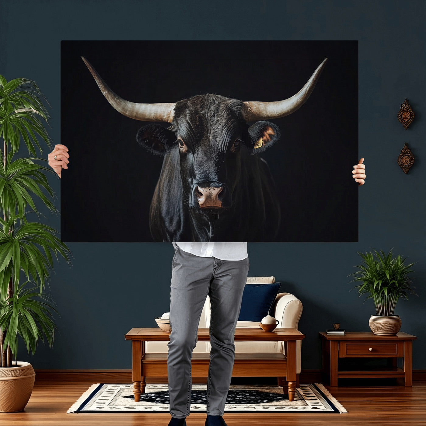 48065167-MGV-CV-36X24 - Texas Longhorn Bull Wall Art Canvas Print – Western Black Bull Art Print for Farmhouse Ranch Decor
