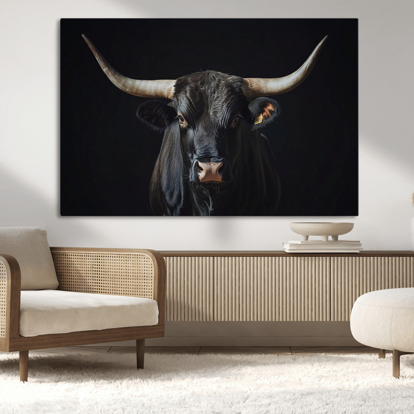 48065167-MGV-CV-36X24-Majestic Longhorn Bull Wall Art Canvas Print – Dark Background Western Ranch Portrait Artwork for Home, Office
