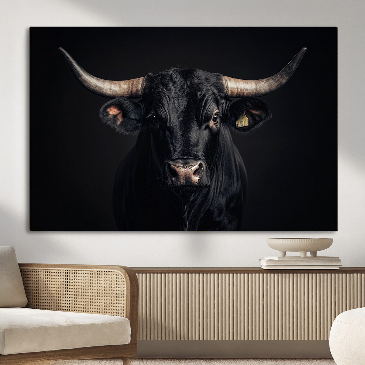 MGV-CV-36X24 - Black Bull Wall Art – Framed Horned Bull Canvas Artwork, Western Cattle Design, Rustic Ranch Style Decor for Home, Office