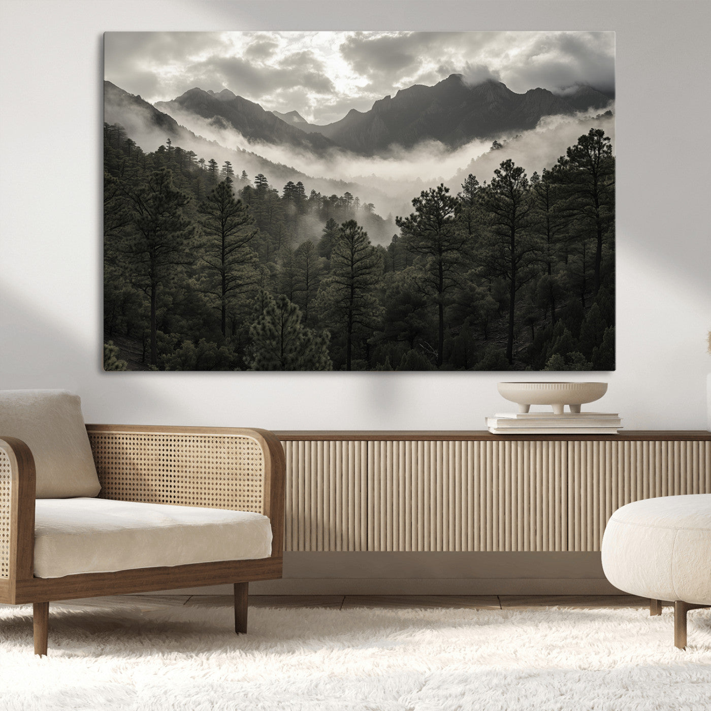 MGV-CV-36X24 - Misty Mountain Forest Wall Art – Canvas Print of Cloudy Peaks, Tranquil Pines, Enchanted Landscape, Majestic Nature Decor for Home or Office