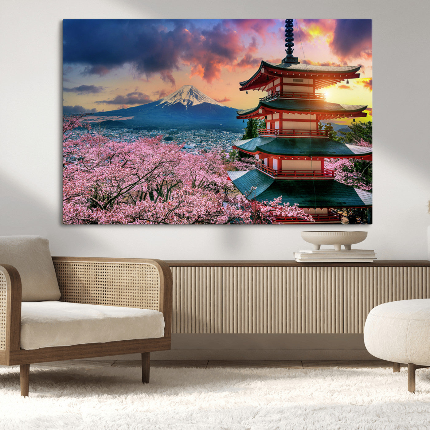 MGV-CV-36X24 - Mount Fuji & Cherry Blossom Wall Art Canvas Print – Iconic Japanese Landscape, Sakura Pagoda Sunset,
