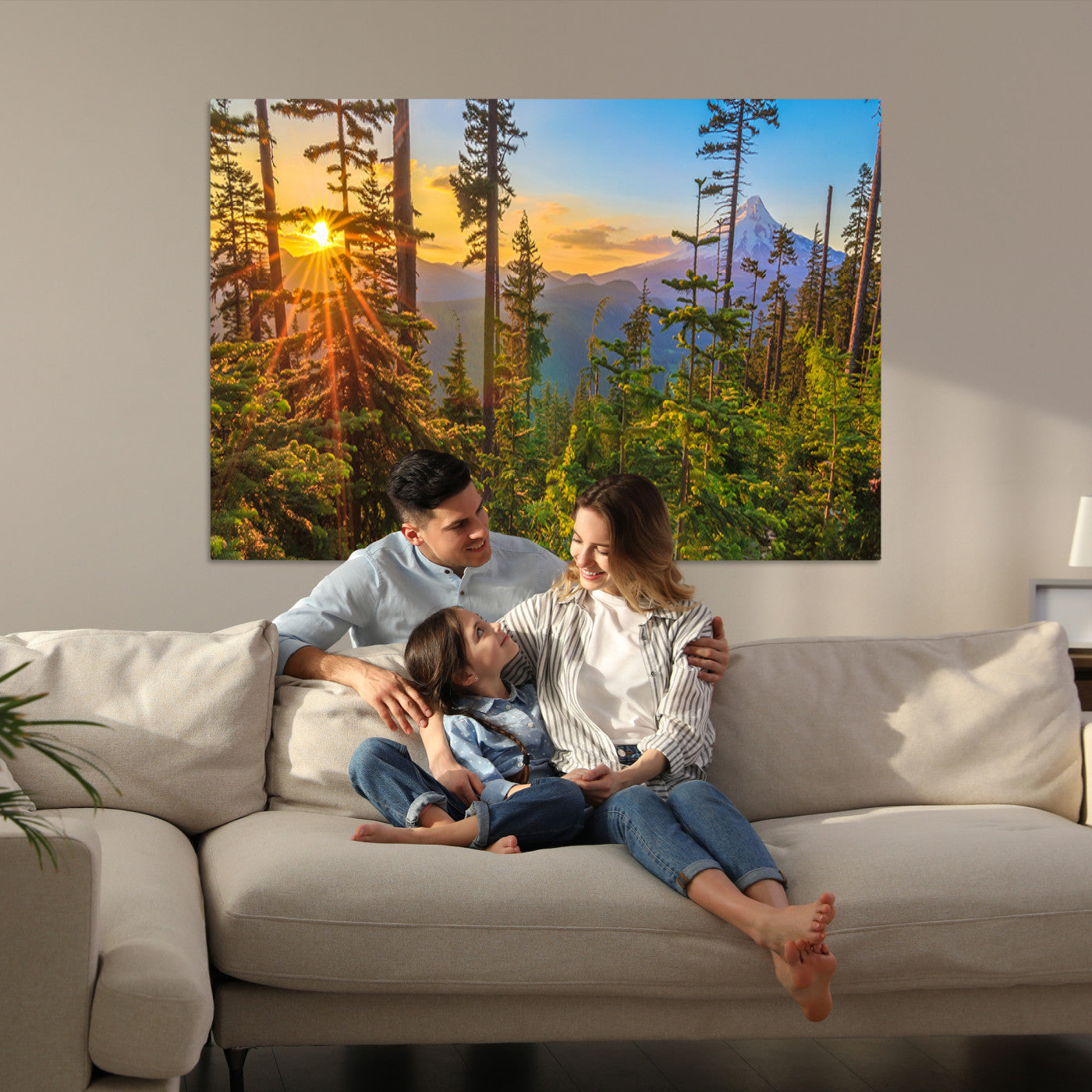 Forest Sunset Wall Art Canvas Print, Framed Sunset Trees Art Picture Print, Green Pines Perfect Rustic Nature Decor