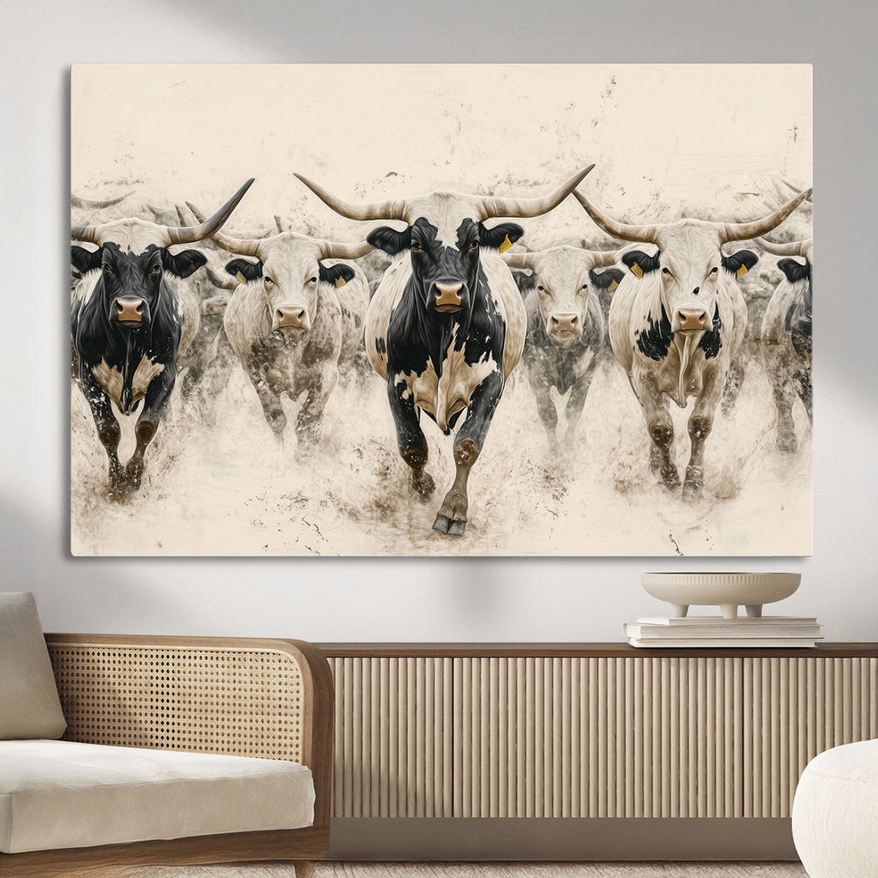 MGV-CV-36X24 - Cream Dust Longhorn Wall Art – Canvas Print of Western Herd Stampede, Dynamic Charge, Rustic Prairie Motion, Bold Nature Farm Decor