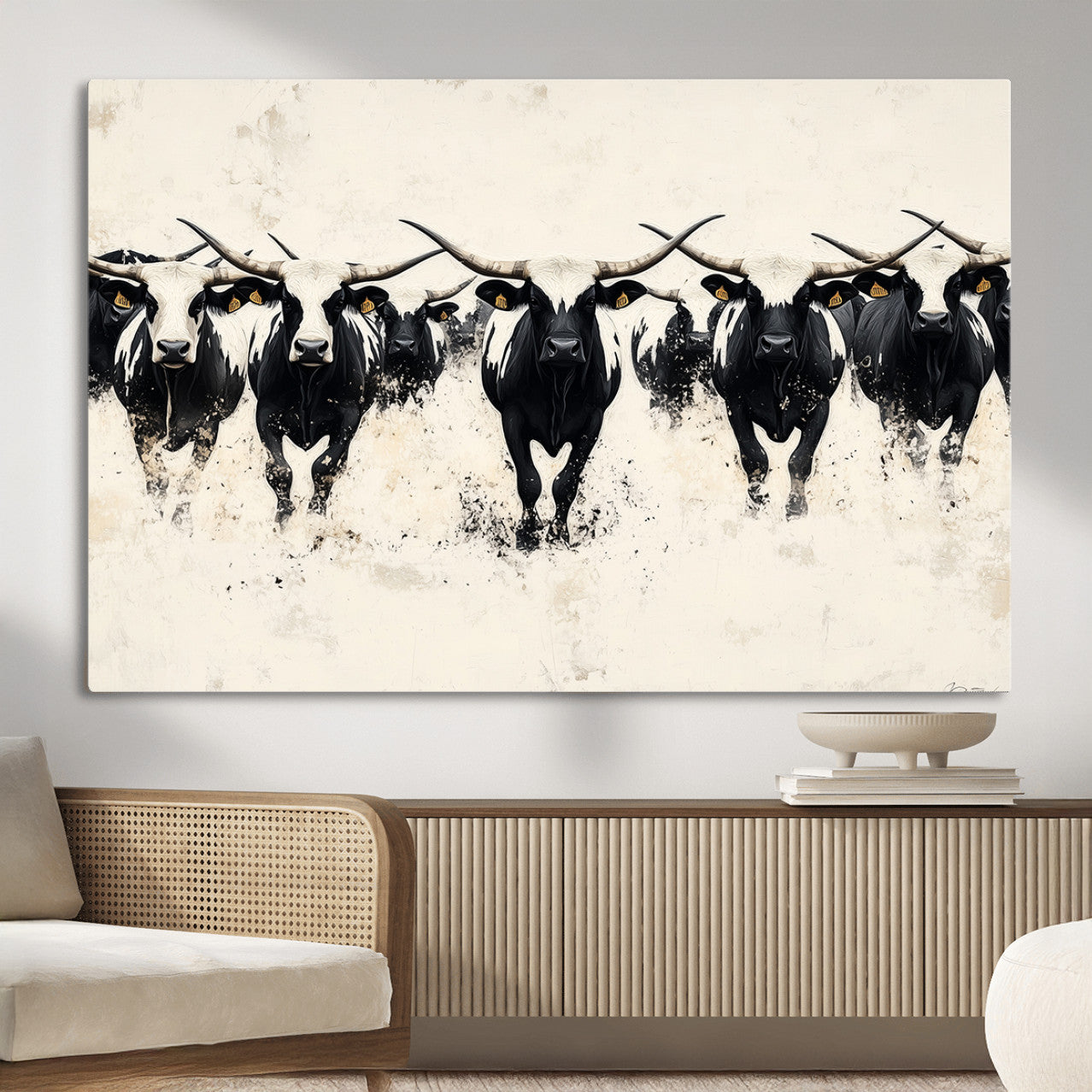 MGV-CV-36X24 - Longhorn Cattle Wall Art – Canvas Print of Herd in Motion, Symmetry and Ink Splatter, Minimalist Western Ranch, Bold Rustic Farm Decor