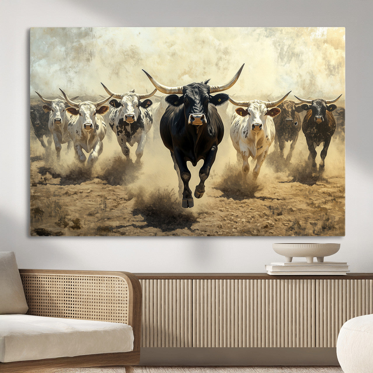 MGV-CV-36X24 - Running Cattle Wall Art – Canvas Print of Western Herd, Dust Stampede, Longhorns, Wild West Ranch, Bold Rustic Farm Decor for Home or Office
