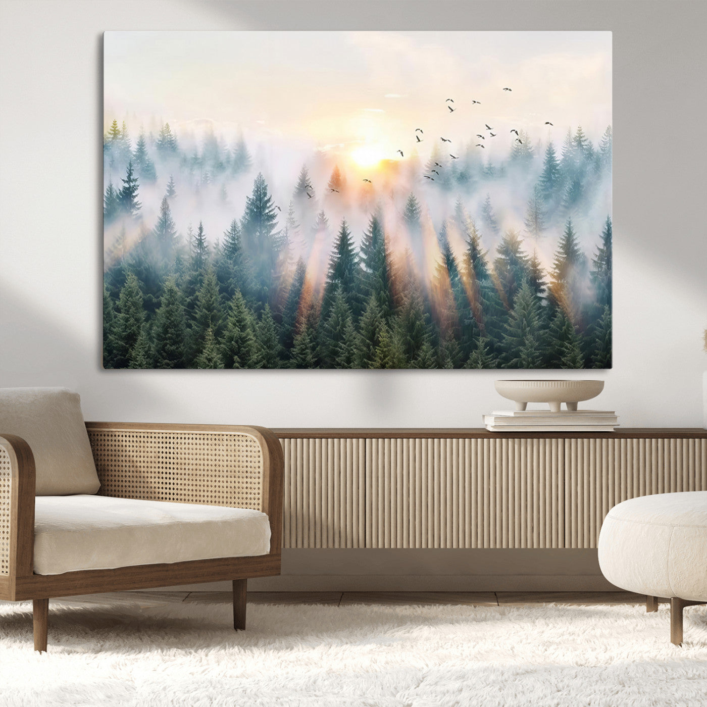 MGV-CV-36X24 - Misty Pine Forest Wall Art Canvas, Sunrise Over Foggy Trees Canvas for Home - Office, Framed