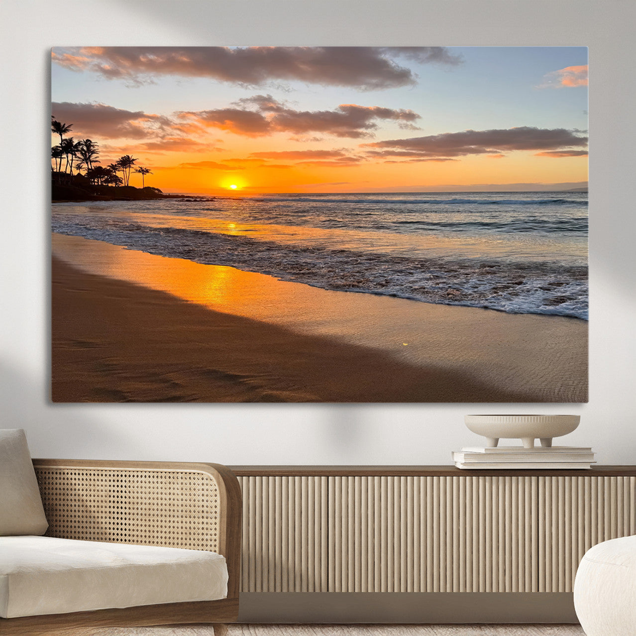 MGV-CV-36X24 - Sunset Glow Wall Art – Canvas Print of Ocean Breeze, Golden Sand, Tropical Palm Silhouettes, Tranquil Waves, Beach Nature Decor for Home
