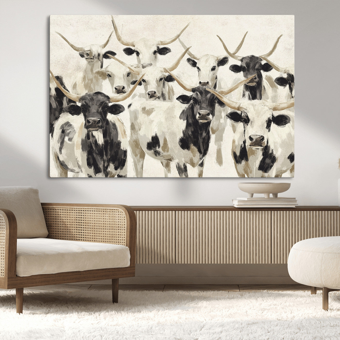 MGV-CV-36X24 - Longhorn Texas Cow Drawing Abstract Wall Art Canvas Print for Farmhouse Decor, Texas Bull Printing