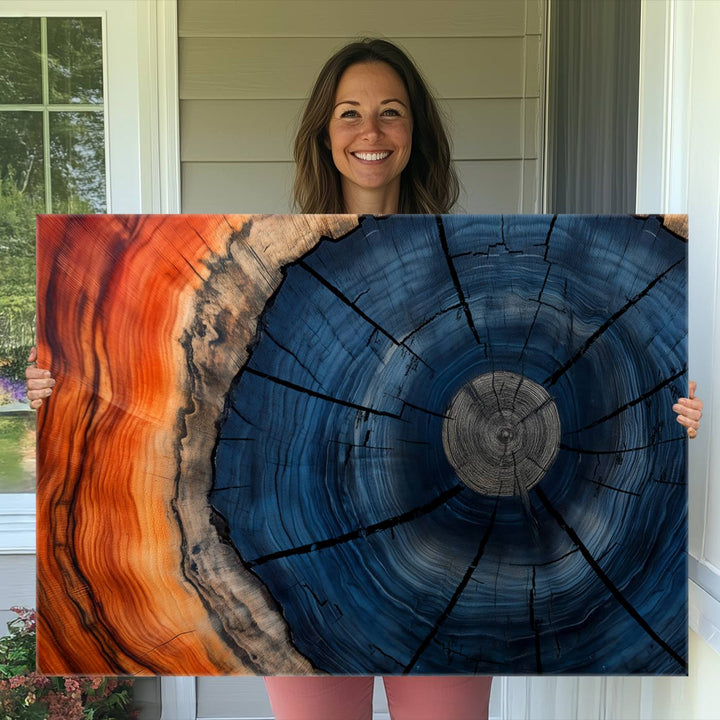 Abstract Tree Rings Canvas Print with vibrant colors—ideal farmhouse wall art for a woodland-themed home.