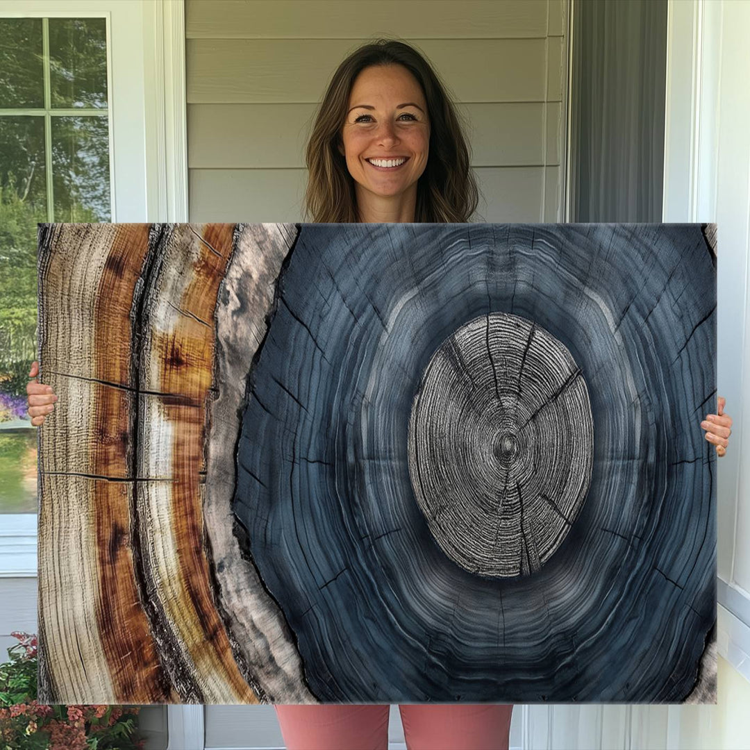 Close-up of the Abstract Tree Rings Wall Art Print featuring shades of blue, brown, and gray.