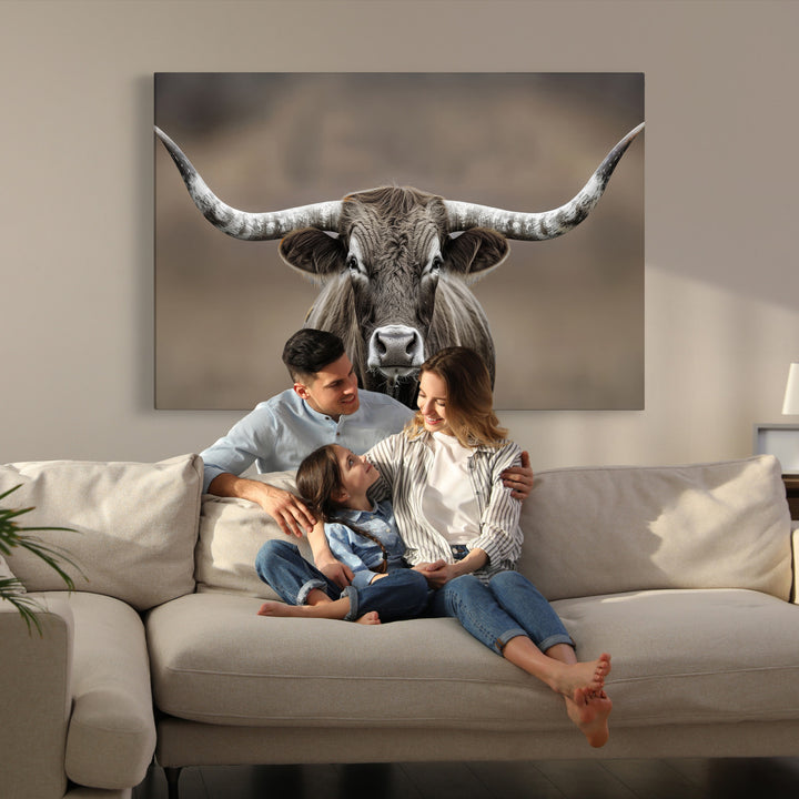 The Framed Texas Longhorn Bull Art Canvas Print adds timeless elegance to the serene setting.