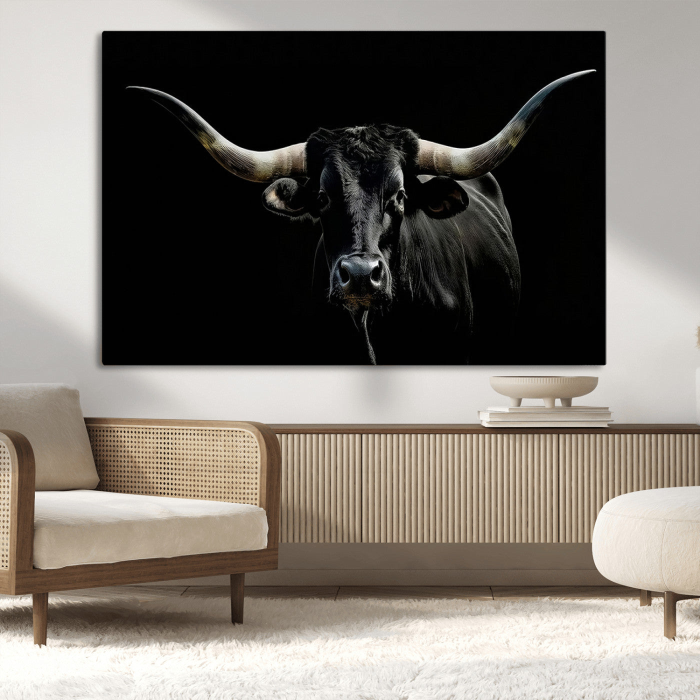 MGV-CV-36X24 - Texas Black Bull Wall Art Print, Longhorn Bull Canvas Wall Art
