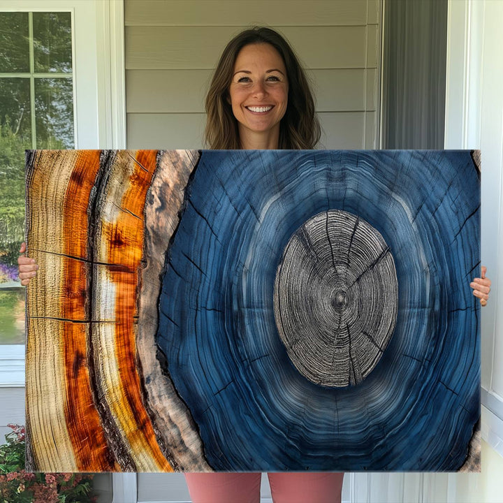 Vibrant Abstract Tree Rings in Orange, Brown, and Blue - Canvas Print for Nature Woodland Wall Decor.