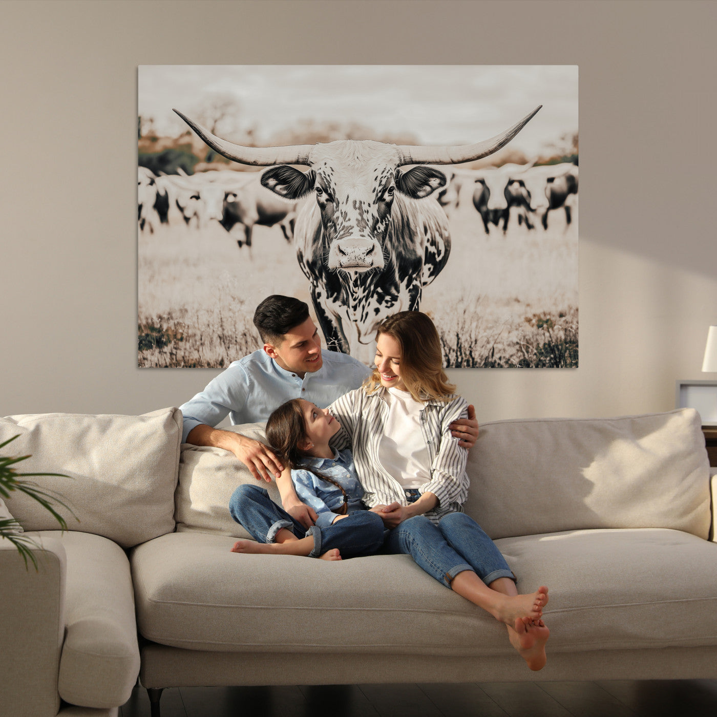 Texas Longhorn Wall Art Canvas Print, Framed Speckled Cow Art Picture Print, Horned Cattle Perfect Rustic Western Decor Artwork