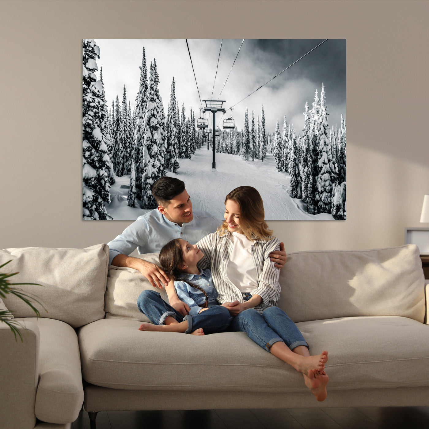 Snowy Pines Wall Art Canvas Print, Framed Ski Lift Art Picture Print, Winter Forest Perfect Moody Lodge Decor, Ski Lift Wall Art Canvas
