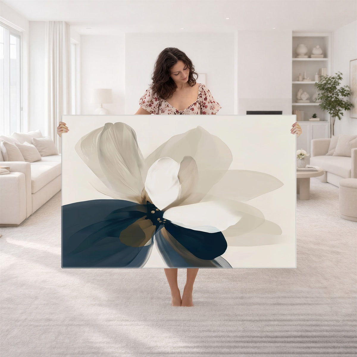 42188901-MGV-CV-24X16 - Minimal Flower Wall Art Canvas Print | Framed Beige and Navy Bloom