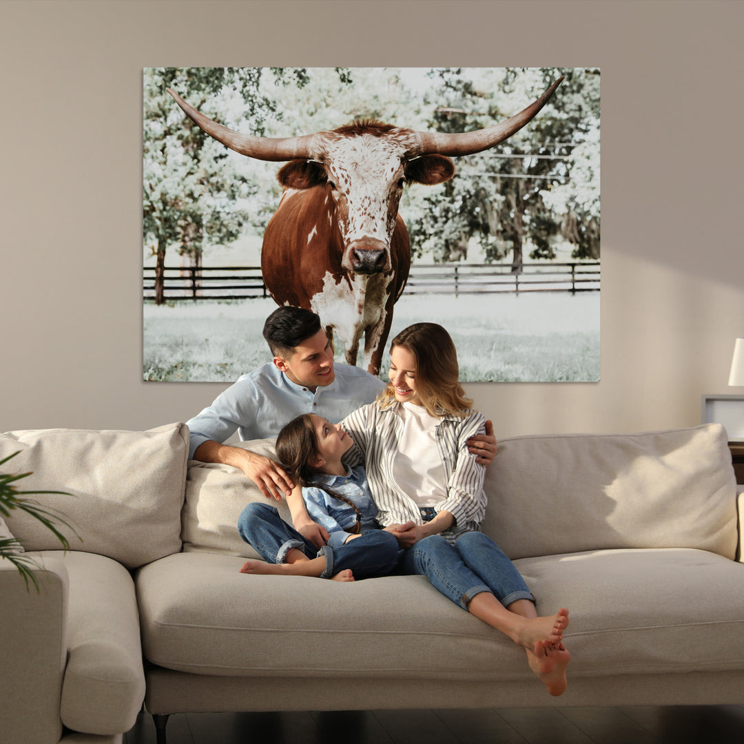 Texas Longhorn Wall Art Canvas Print, Framed Spotted Cow Art Picture Print, Horned Cattle Perfect Rustic Western Decor, Framed Horned Cattle Print