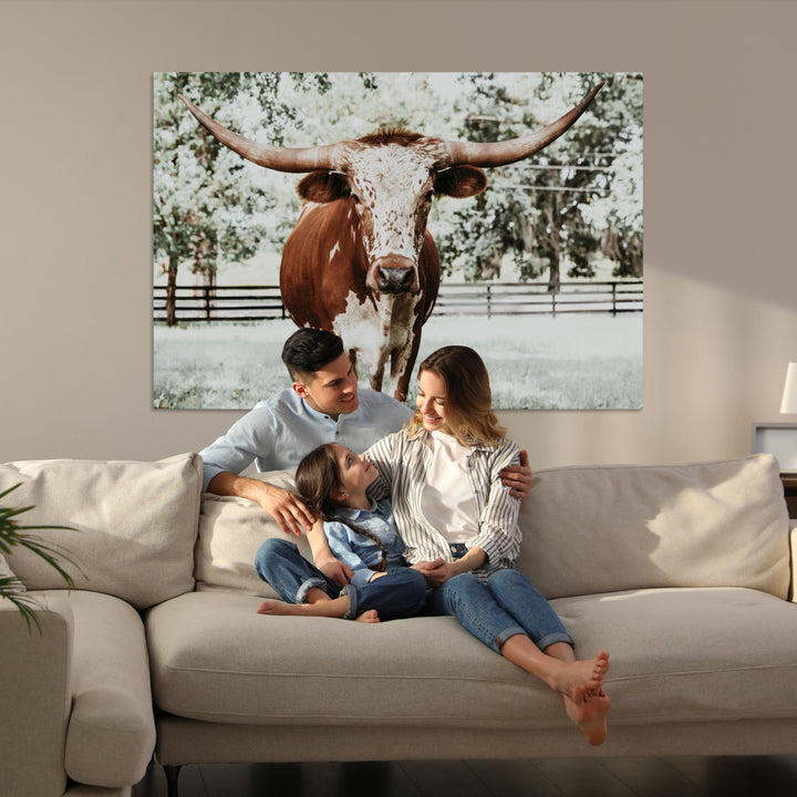 Texas Longhorn Wall Art Canvas Print, Framed Spotted Cow Art Picture Print, Horned Cattle Perfect Rustic Western Decor, Framed Horned Cattle Print