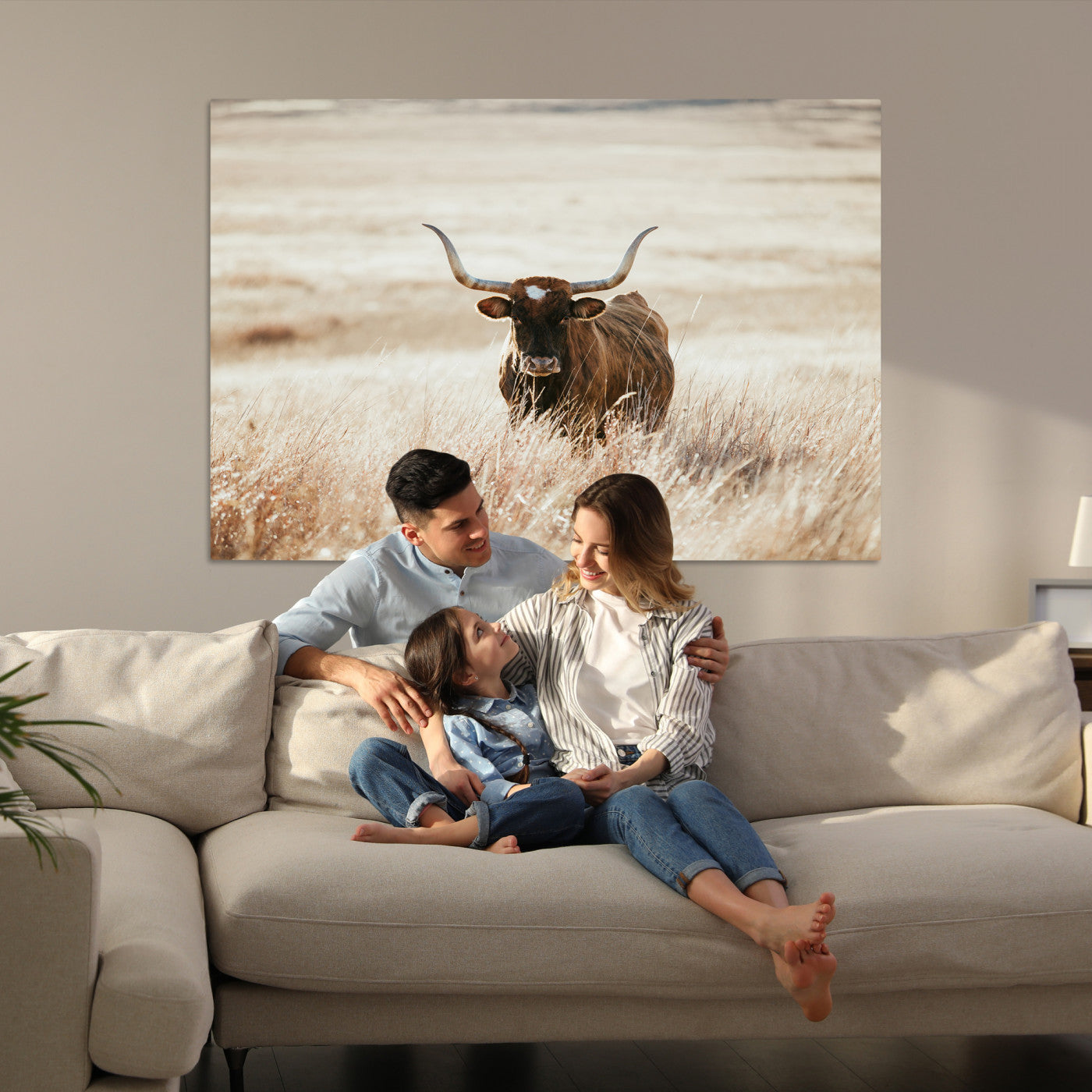 Texas Longhorn Wall Art Canvas Print, Framed Brown Cattle Art Picture Print, Horned Bull Perfect Rustic Western Decor Artwork