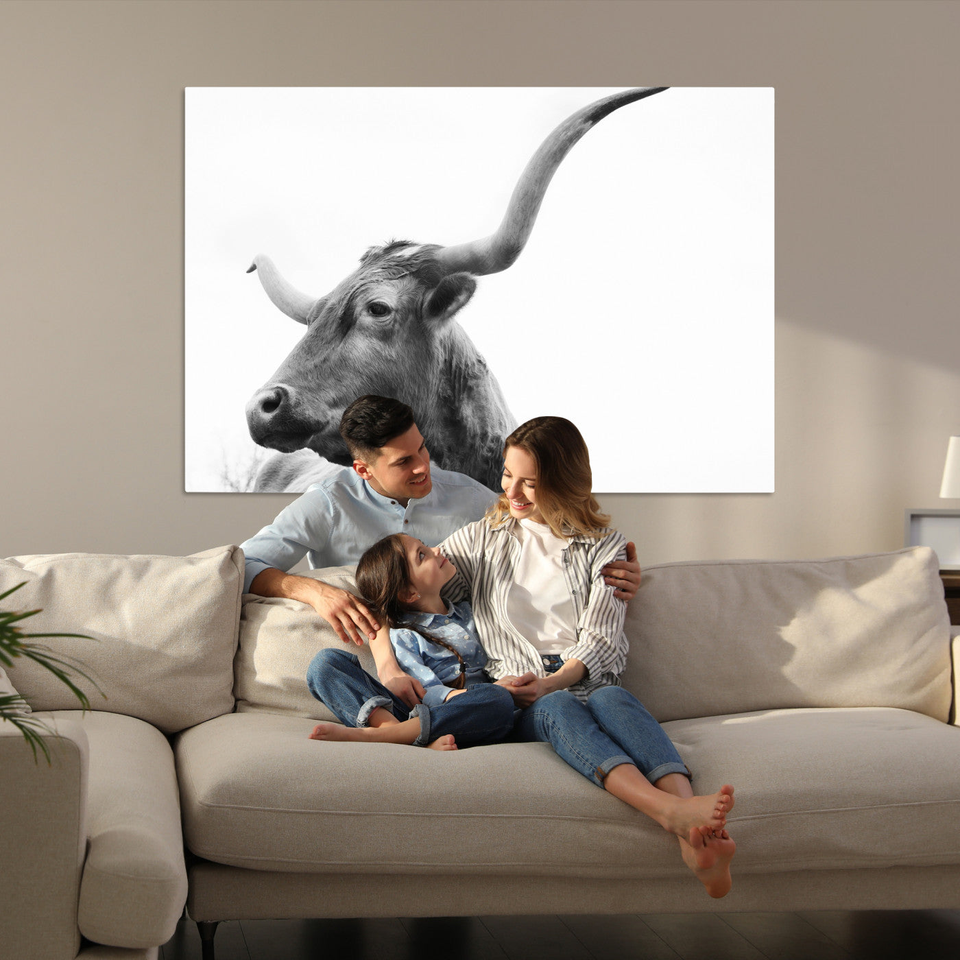 64392617-MGV-CV-36X24-Longhorn Wall Art Wall Art Canvas Print, Framed Modern Ranch Style Art Art Picture Print, Monochrome Cow Print Perfect Rustic Western Decor