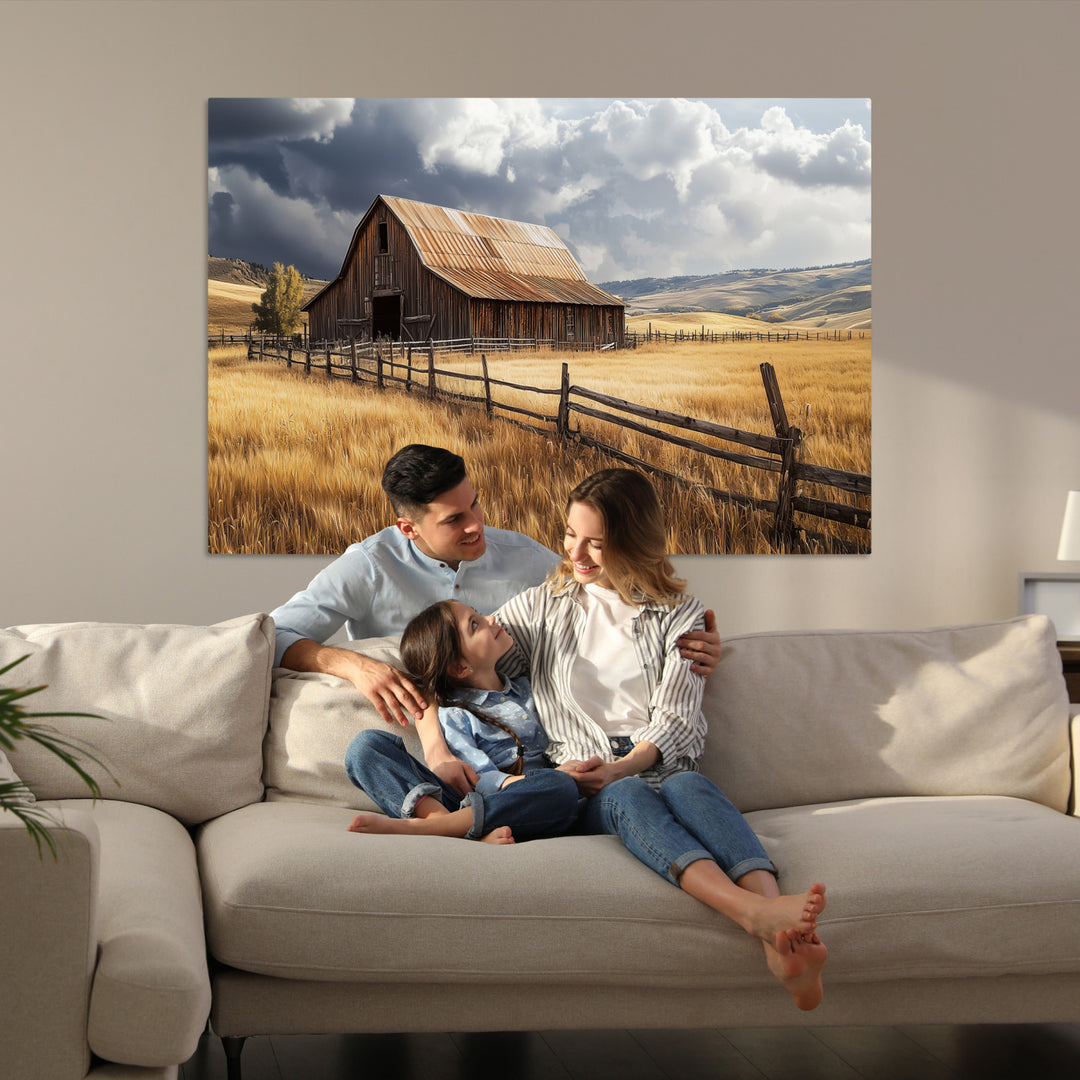 Rustic Barn Wall Art Canvas Print, Framed Moody Barn Art Picture Print, Golden Field Perfect Rustic Farmhouse Decor